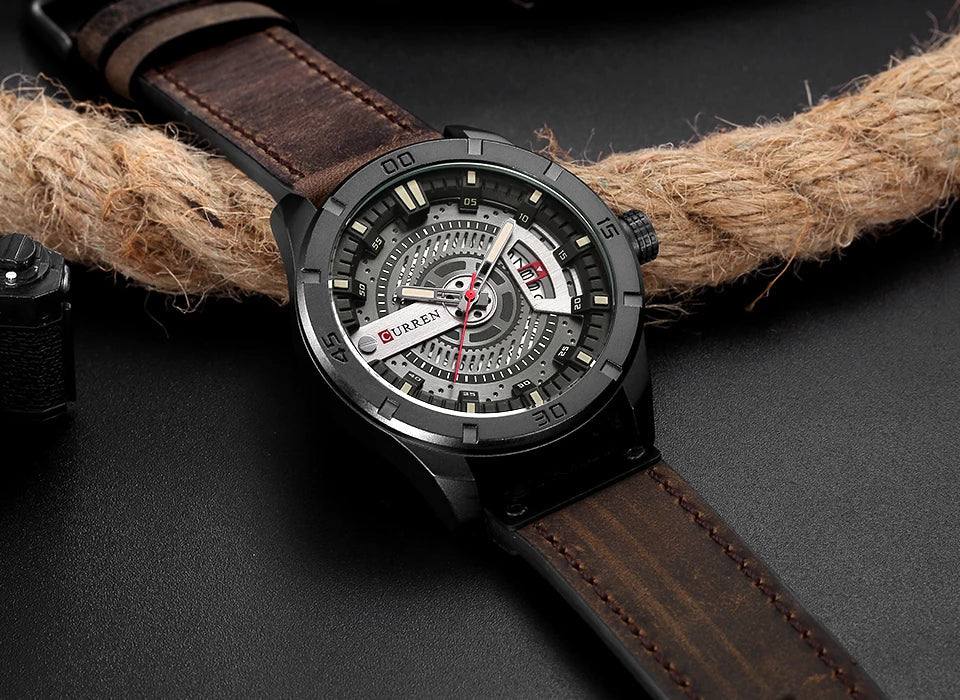 Montre en acier inoxydable noir et bracelet en cuir | Boreal