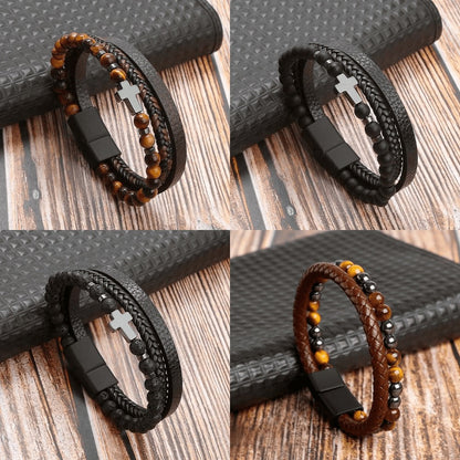 Bracelet L'HOMME En Cuir De Qualité Premium - Bijou Avec Pierres et Pendentifs